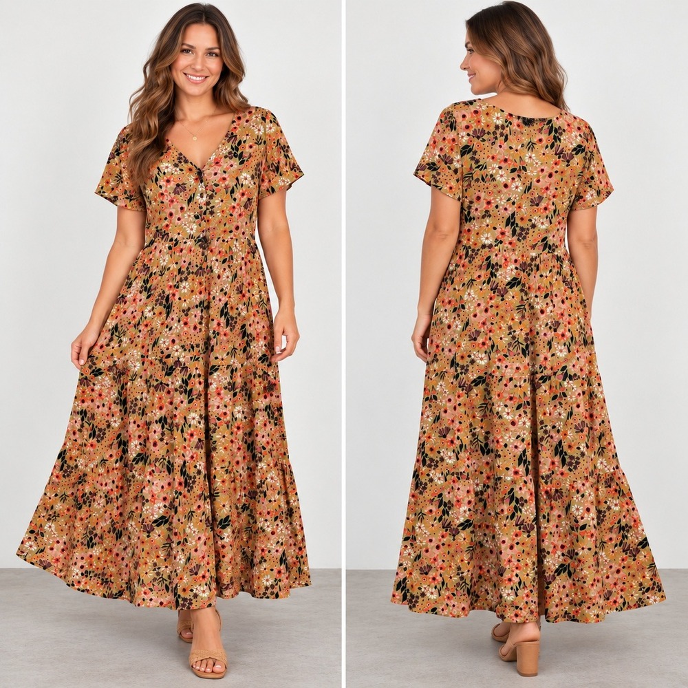 Sonoma Goods For Life Women Mustard Floral Rayon Tiered Maxi Dress Large